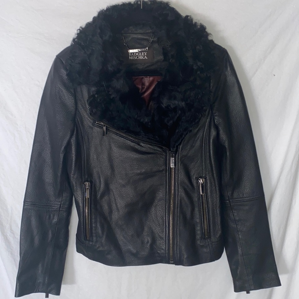 Badgley Mischka 100% Black Leather Jacket with real Lamb Fur Shearling.